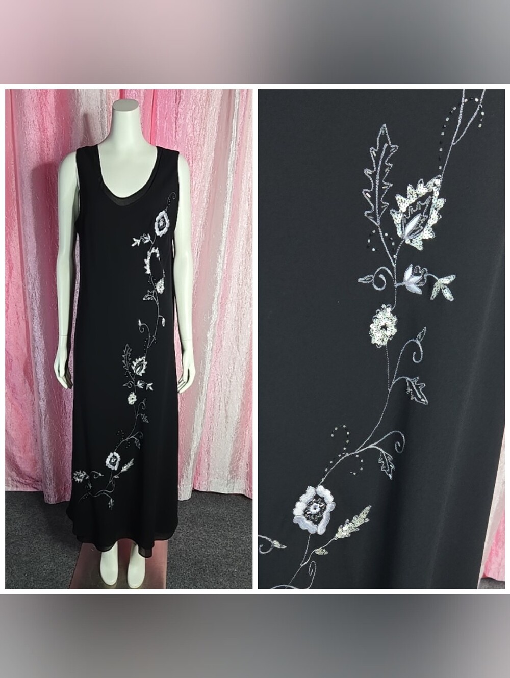 R&M Richards Black Floral Embroidered Beaded Lined Maxi Dress Sz 16